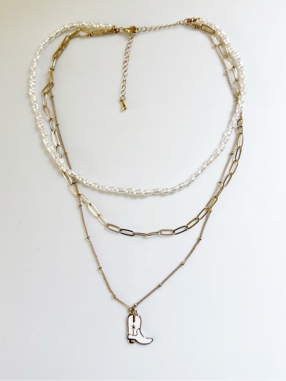 Altar'd State Cowgirl Boot Western Gold Tone Faux Pearl Layer Dainty Necklace